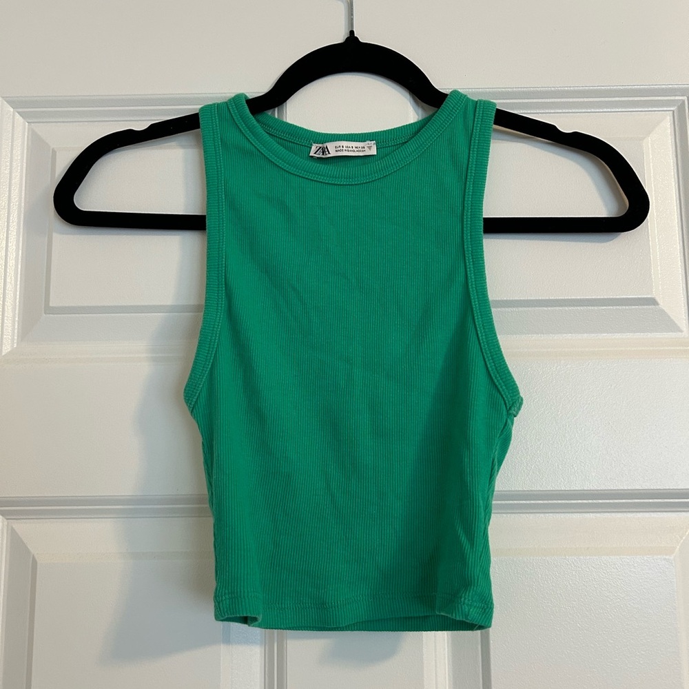 Zara Green Ribbed Crop Tank Top - Size S